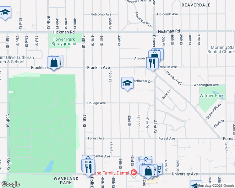 map of restaurants, bars, coffee shops, grocery stores, and more near 1620 44th Street in Des Moines