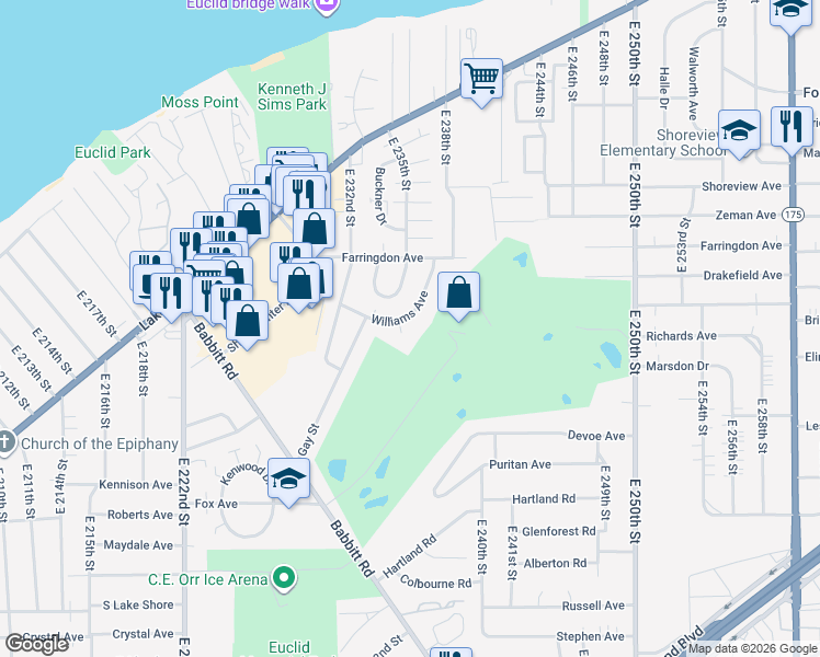 map of restaurants, bars, coffee shops, grocery stores, and more near 23312 Pam Court in Euclid