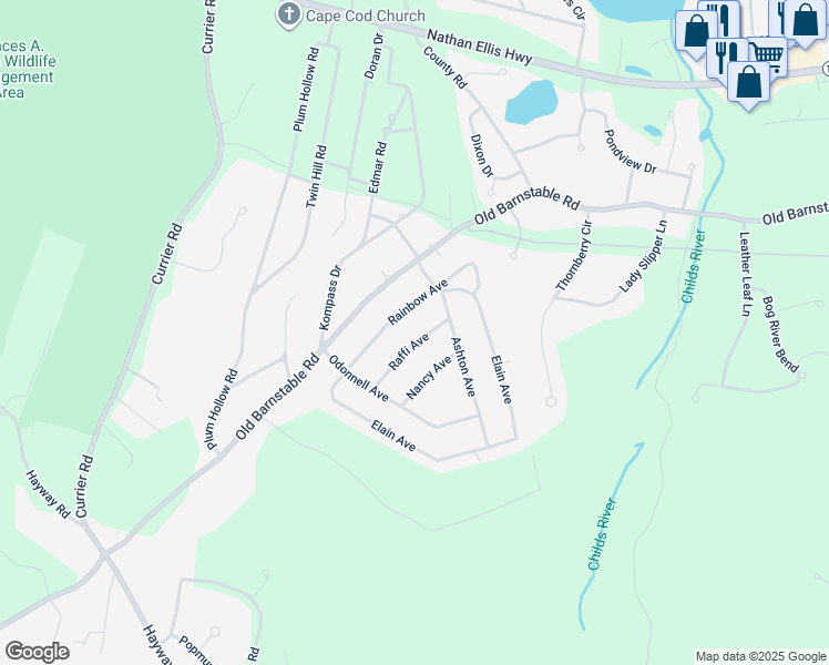 map of restaurants, bars, coffee shops, grocery stores, and more near 32 Raffi Avenue in Falmouth