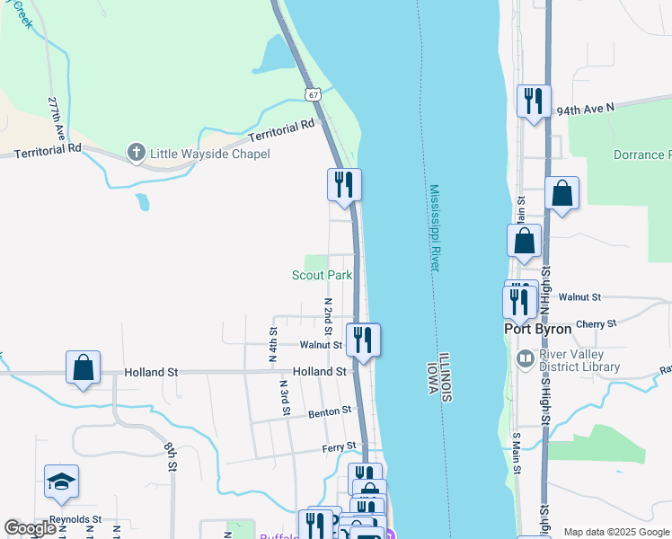 map of restaurants, bars, coffee shops, grocery stores, and more near 929 North 2nd Street in Le Claire