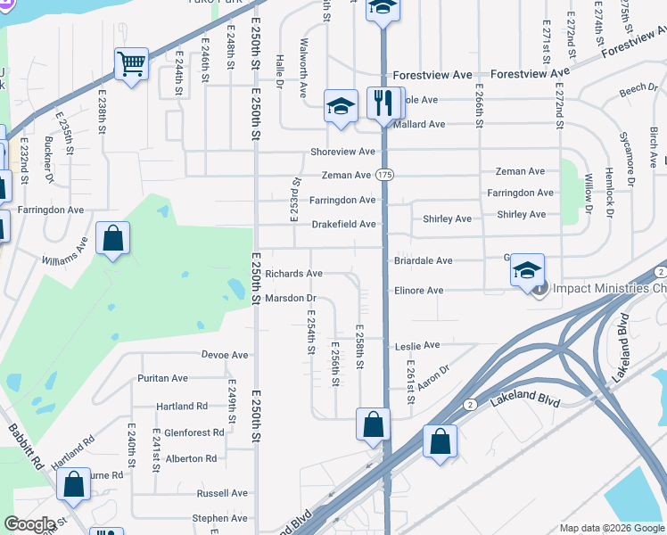 map of restaurants, bars, coffee shops, grocery stores, and more near 25601 Richards Avenue in Euclid