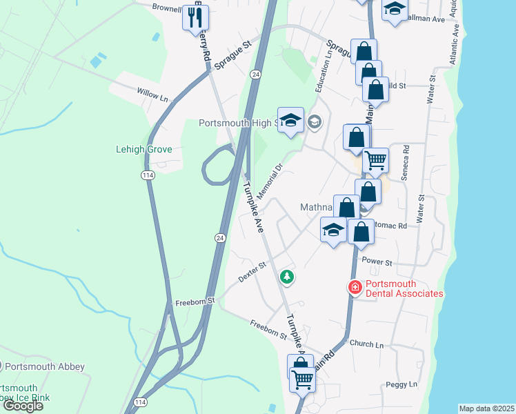 map of restaurants, bars, coffee shops, grocery stores, and more near 297 Turnpike Avenue in Portsmouth