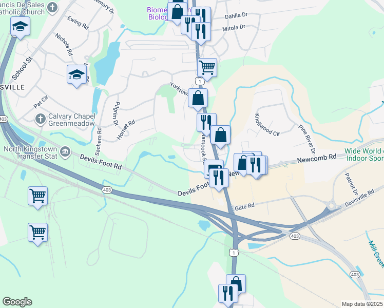 map of restaurants, bars, coffee shops, grocery stores, and more near 45 Saw Mill Drive in North Kingstown
