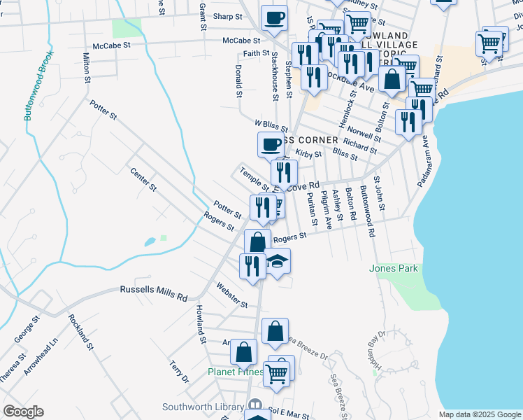 map of restaurants, bars, coffee shops, grocery stores, and more near 12 Russells Mills Road in Dartmouth