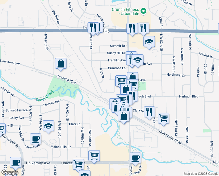 map of restaurants, bars, coffee shops, grocery stores, and more near 1841 89th Court Northwest in Clive