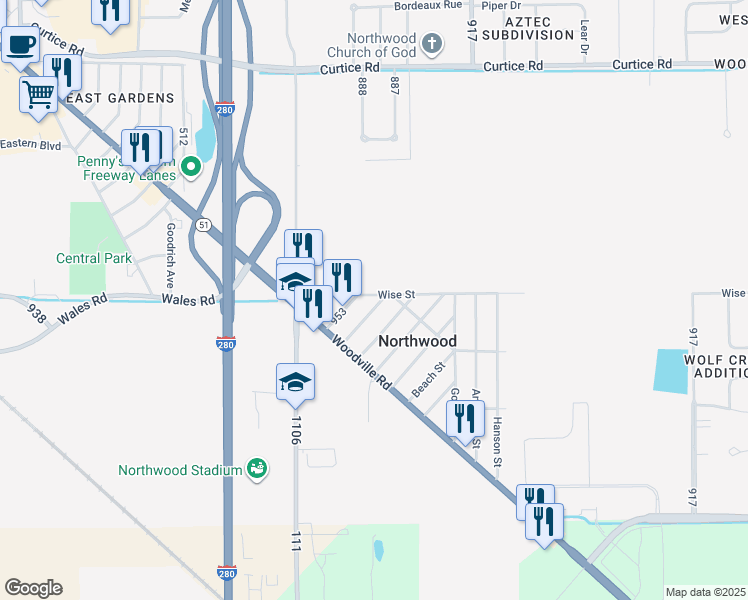 map of restaurants, bars, coffee shops, grocery stores, and more near 206 George St in Northwood