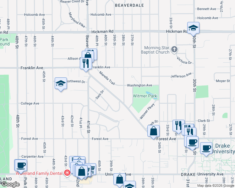 map of restaurants, bars, coffee shops, grocery stores, and more near 1627 Beaver Ave in Des Moines