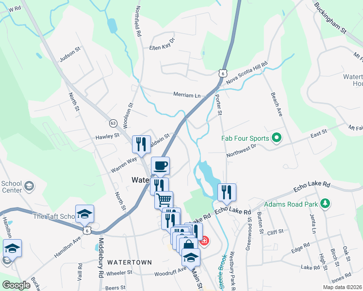 map of restaurants, bars, coffee shops, grocery stores, and more near 30 Steele Brook Road in Watertown