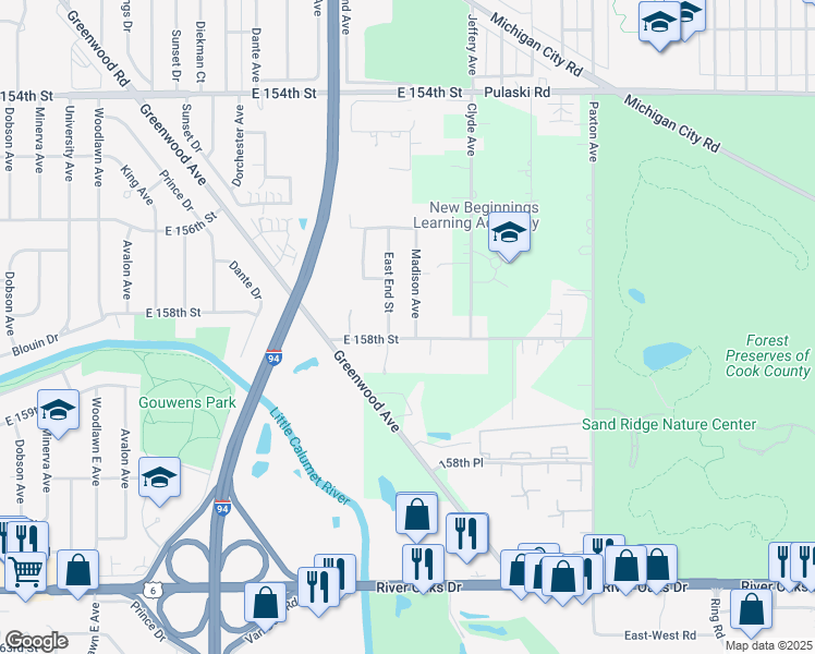 map of restaurants, bars, coffee shops, grocery stores, and more near 15752 Madison Avenue in Dolton