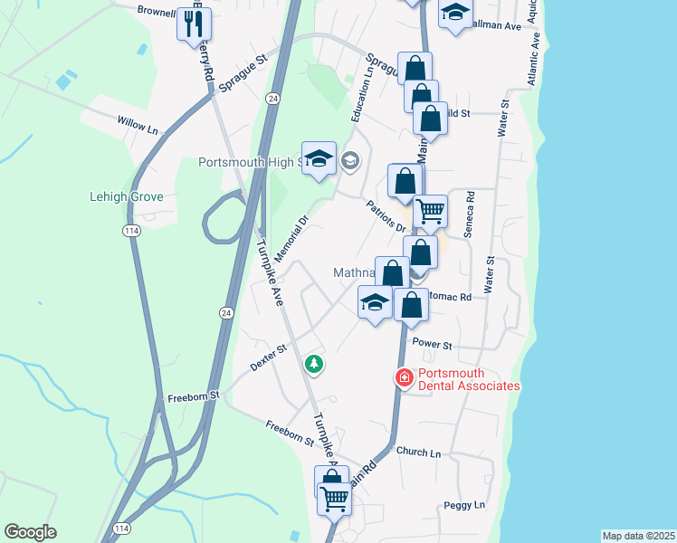 map of restaurants, bars, coffee shops, grocery stores, and more near 105 Dexter Street in Portsmouth