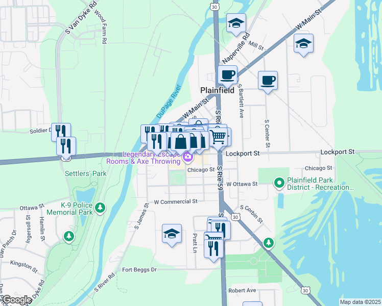 map of restaurants, bars, coffee shops, grocery stores, and more near 24044 Lockport Street in Plainfield