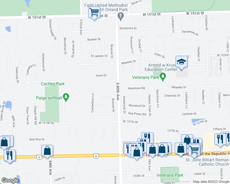 map of restaurants, bars, coffee shops, grocery stores, and more near 15513 Brassie Drive in Orland Park