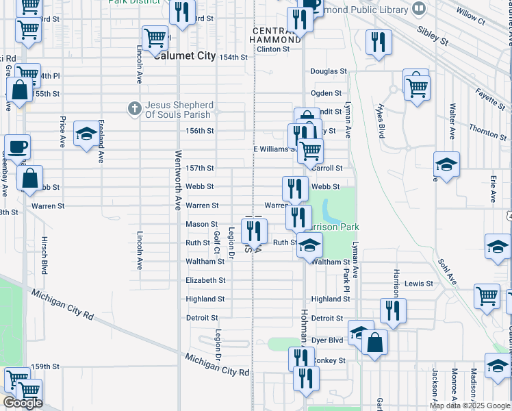 map of restaurants, bars, coffee shops, grocery stores, and more near 4 Warren Street in Hammond