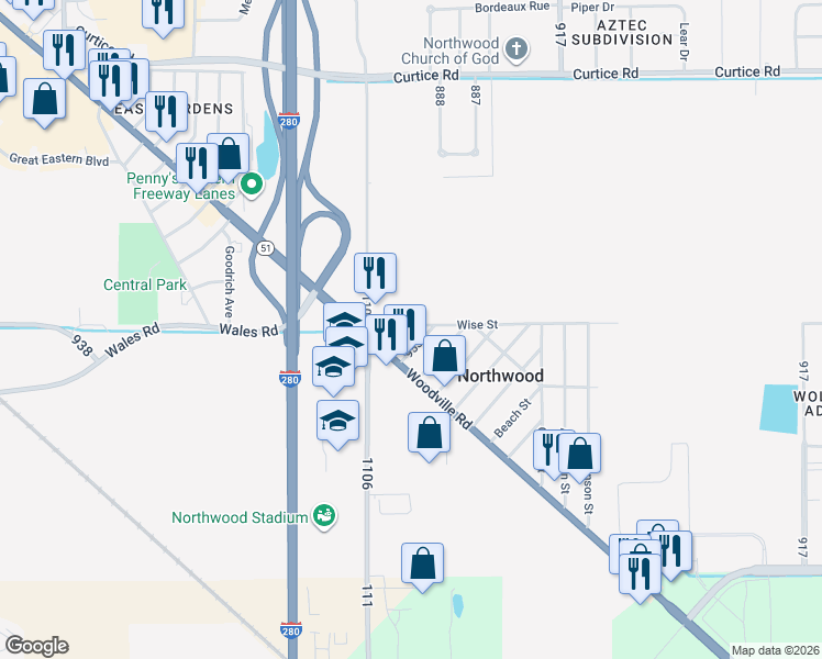 map of restaurants, bars, coffee shops, grocery stores, and more near 3902 Wise Street in Northwood