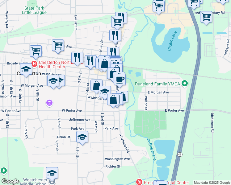 map of restaurants, bars, coffee shops, grocery stores, and more near 101 West Morgan Avenue in Chesterton