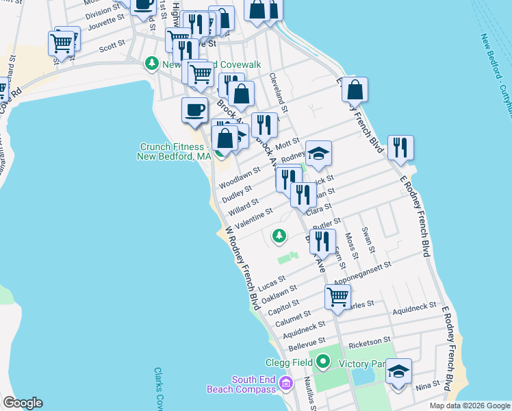 map of restaurants, bars, coffee shops, grocery stores, and more near 35 Valentine Street in New Bedford
