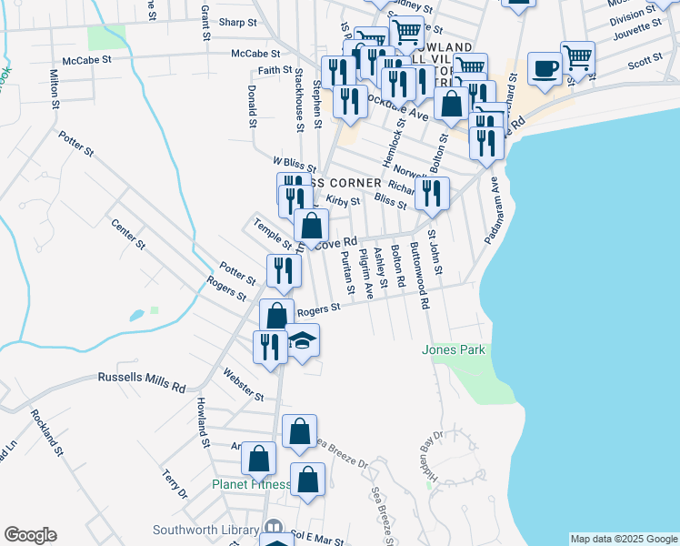 map of restaurants, bars, coffee shops, grocery stores, and more near 23 Puritan Street in Dartmouth