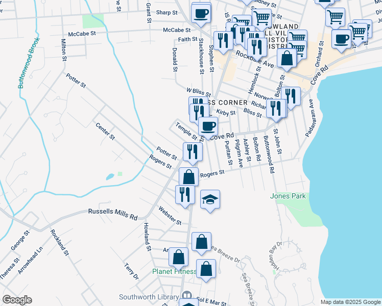 map of restaurants, bars, coffee shops, grocery stores, and more near 12 Russells Mills Road in Dartmouth