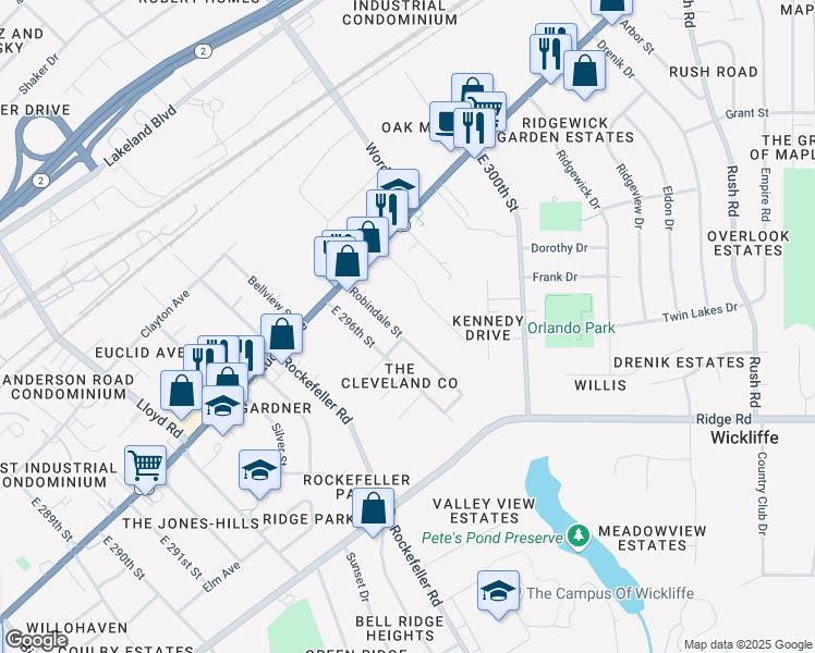 map of restaurants, bars, coffee shops, grocery stores, and more near 1803 Robindale Street in Wickliffe