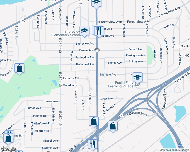 map of restaurants, bars, coffee shops, grocery stores, and more near 671 East 258th Street in Euclid