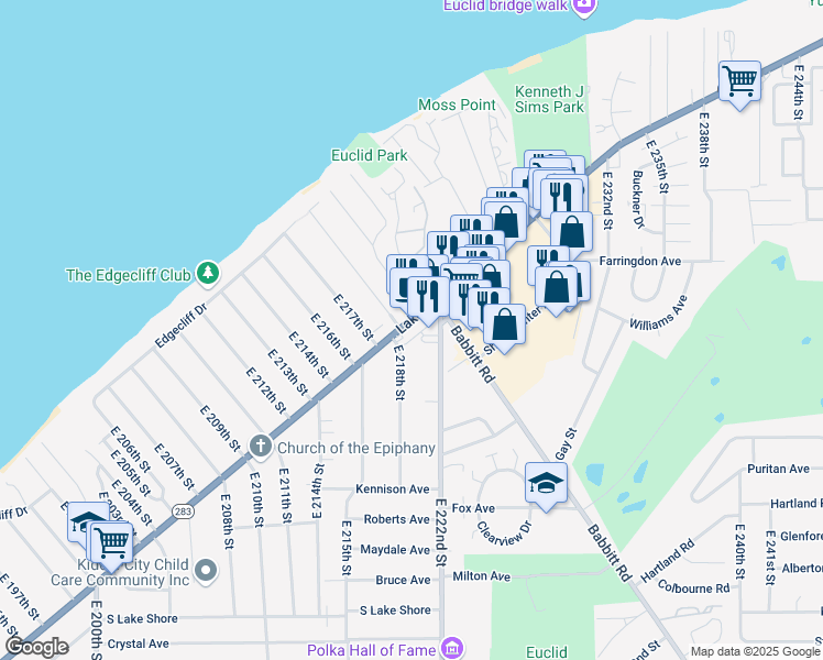 map of restaurants, bars, coffee shops, grocery stores, and more near 21930 Lakeshore Boulevard in Euclid