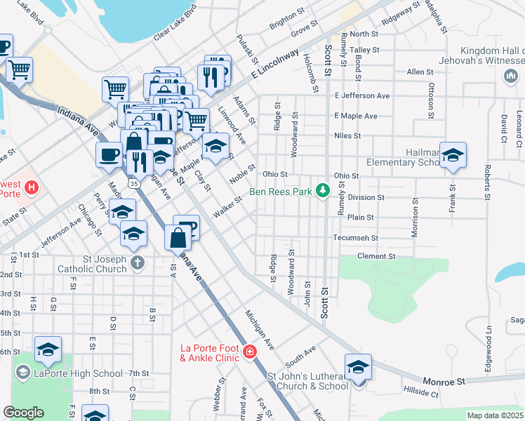 map of restaurants, bars, coffee shops, grocery stores, and more near 112 Plain Street in La Porte