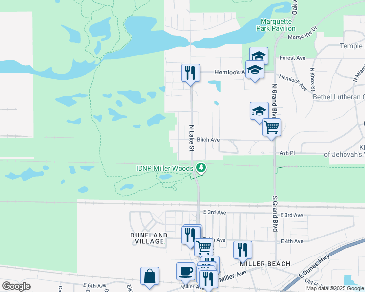 map of restaurants, bars, coffee shops, grocery stores, and more near 5724 Ash Ave in Gary