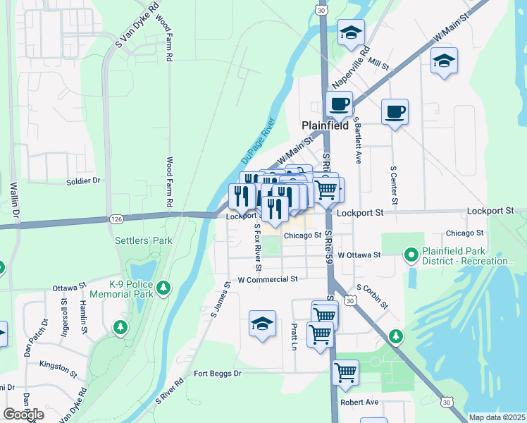 map of restaurants, bars, coffee shops, grocery stores, and more near 24116 Lockport Street in Plainfield
