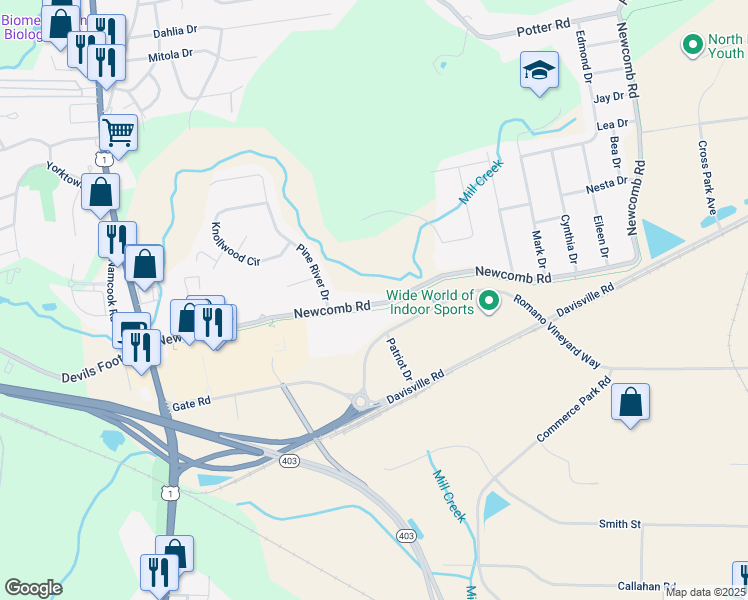 map of restaurants, bars, coffee shops, grocery stores, and more near 300 Newcomb Road in North Kingstown