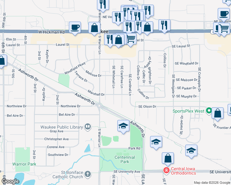 map of restaurants, bars, coffee shops, grocery stores, and more near 615 Southeast Whitetail Lane in Waukee