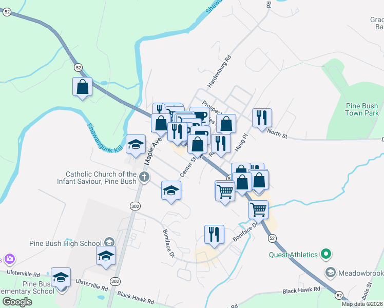 map of restaurants, bars, coffee shops, grocery stores, and more near in Pine Bush