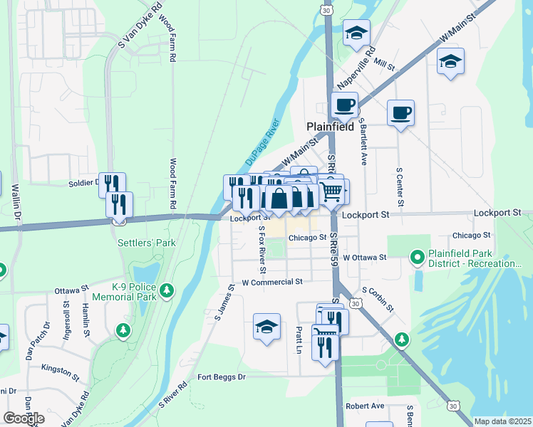 map of restaurants, bars, coffee shops, grocery stores, and more near 24120 Lockport Street in Plainfield