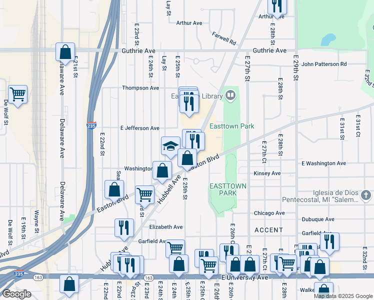 map of restaurants, bars, coffee shops, grocery stores, and more near 2540 Hubbell Avenue in Des Moines