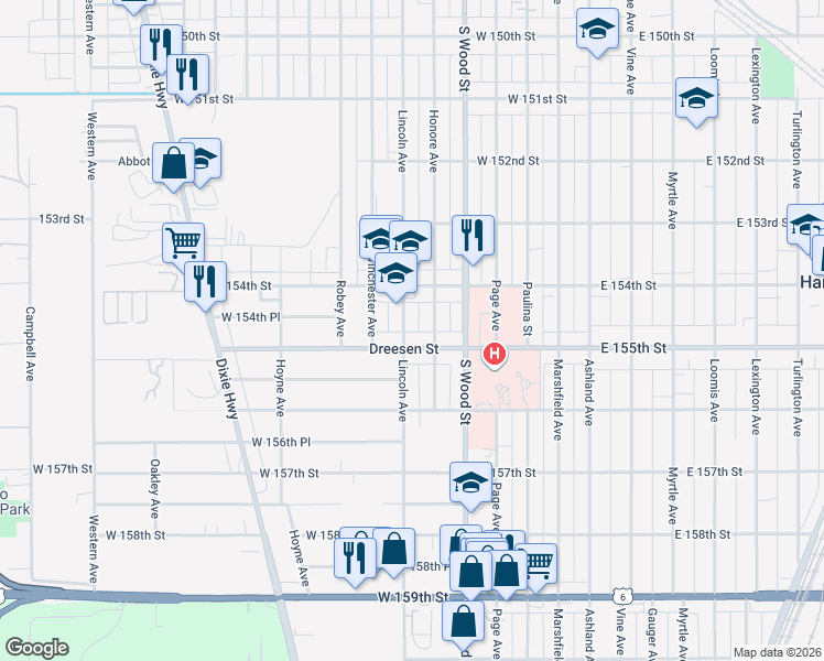 map of restaurants, bars, coffee shops, grocery stores, and more near 15435 Lincoln Avenue in Harvey