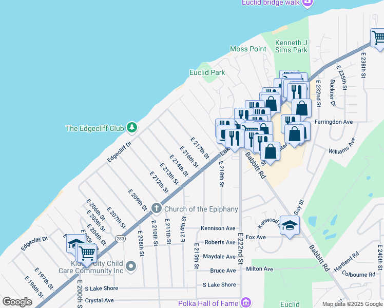 map of restaurants, bars, coffee shops, grocery stores, and more near 151 E 216th St in Euclid