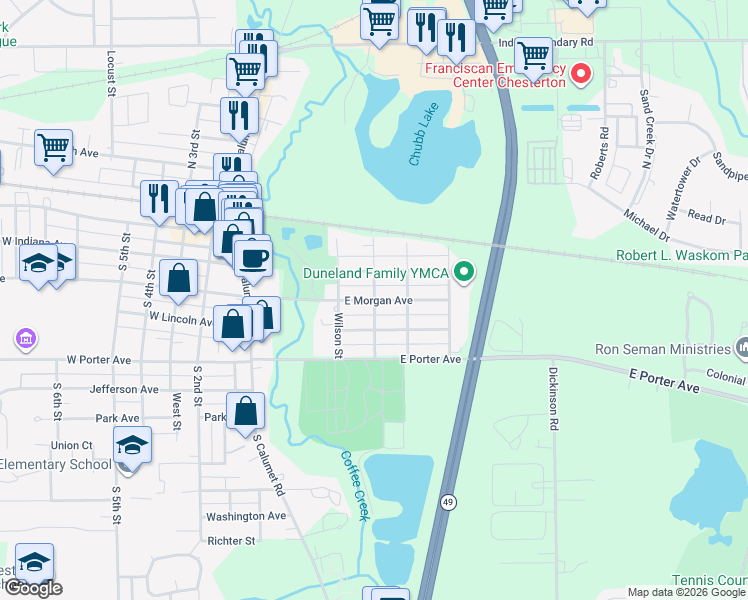 map of restaurants, bars, coffee shops, grocery stores, and more near 300 Landman Street in Chesterton