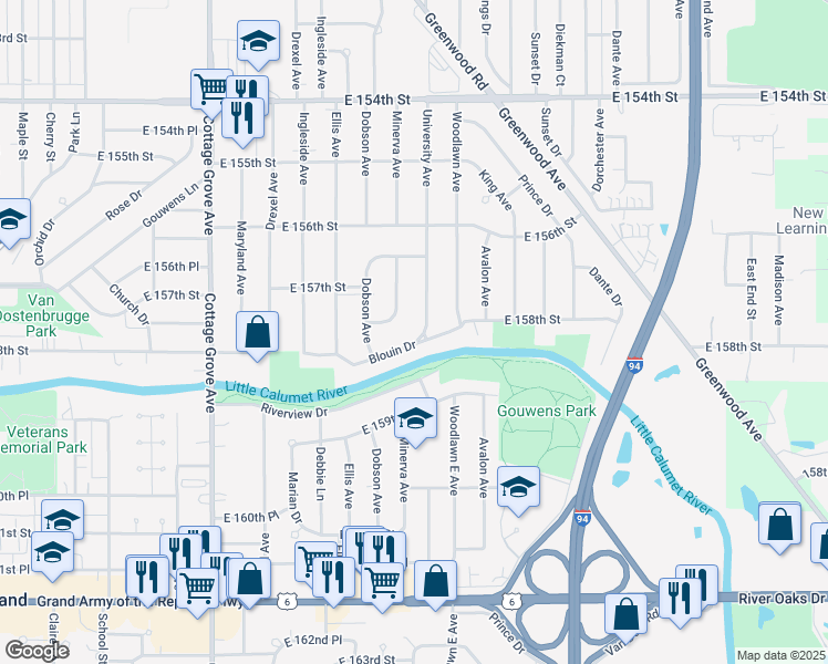 map of restaurants, bars, coffee shops, grocery stores, and more near 1116 Blouin Dr in Dolton