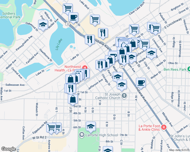 map of restaurants, bars, coffee shops, grocery stores, and more near 700 Tyler Street in La Porte