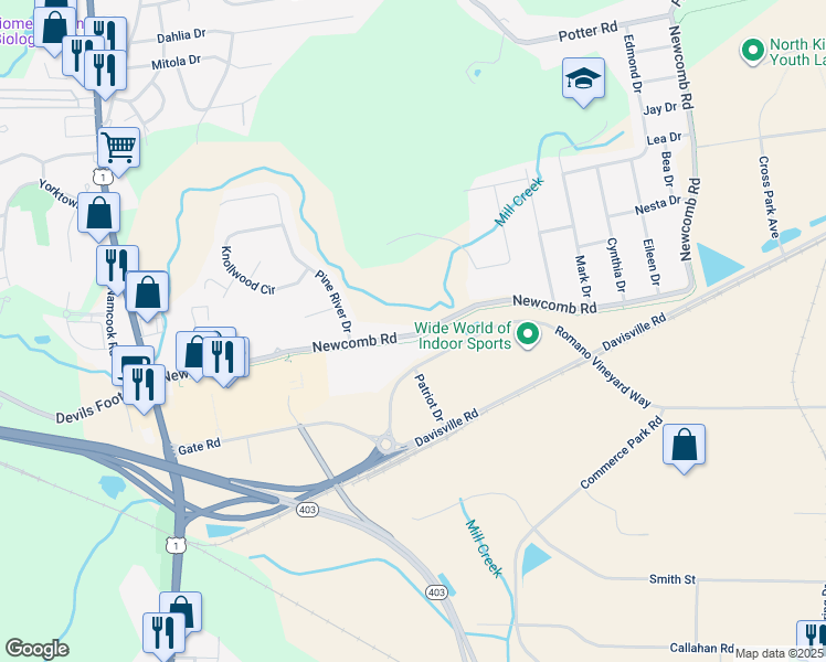 map of restaurants, bars, coffee shops, grocery stores, and more near 314 Newcomb Road in North Kingstown