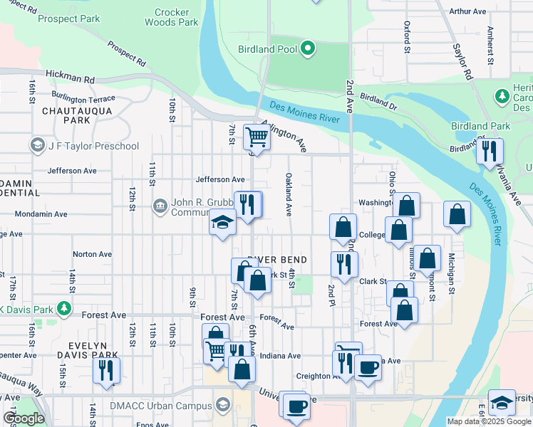 map of restaurants, bars, coffee shops, grocery stores, and more near 1619 6th Avenue in Des Moines