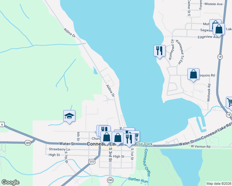map of restaurants, bars, coffee shops, grocery stores, and more near 10552 Aldina Drive in Conneaut Lake