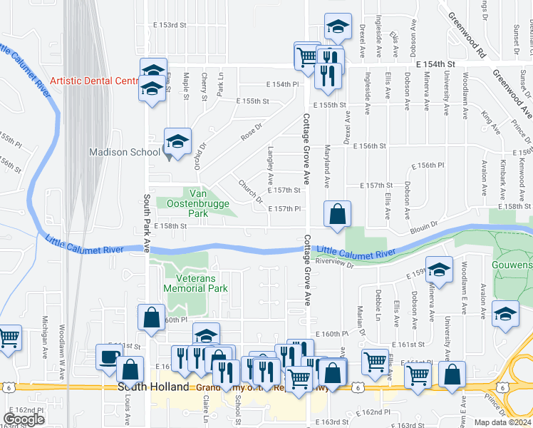 map of restaurants, bars, coffee shops, grocery stores, and more near 15753 Church Drive in South Holland