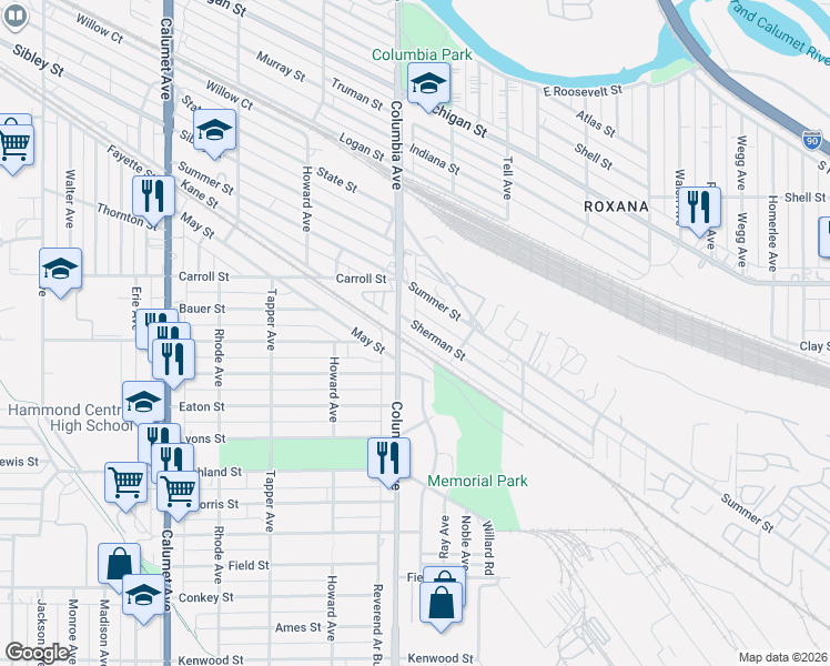 map of restaurants, bars, coffee shops, grocery stores, and more near 1220 Sherman Street in Hammond