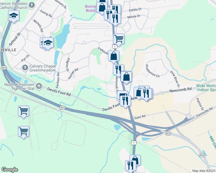 map of restaurants, bars, coffee shops, grocery stores, and more near 45 Saw Mill Drive in North Kingstown
