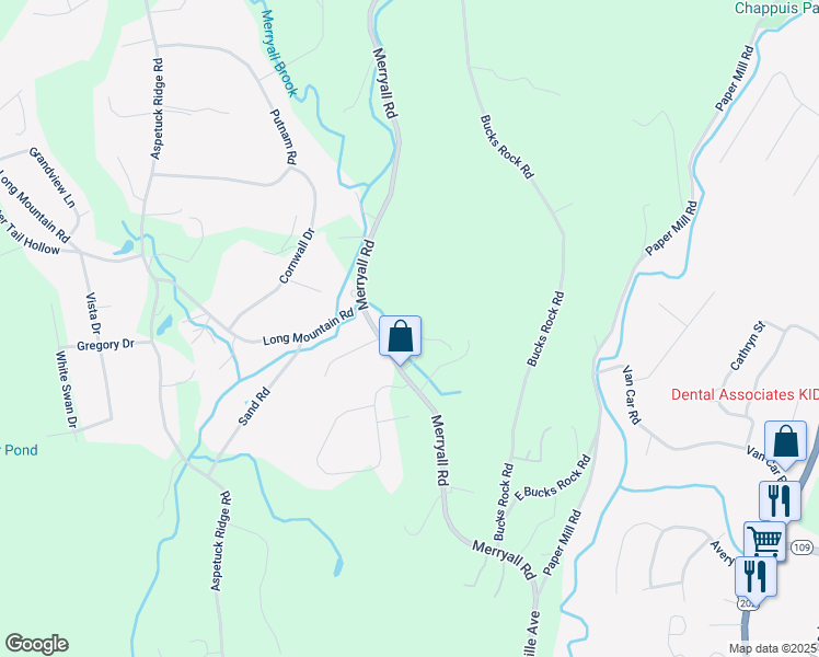 map of restaurants, bars, coffee shops, grocery stores, and more near 56 Merryall Road in New Milford