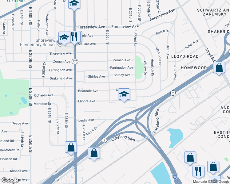 map of restaurants, bars, coffee shops, grocery stores, and more near 781 East 266th Street in Euclid