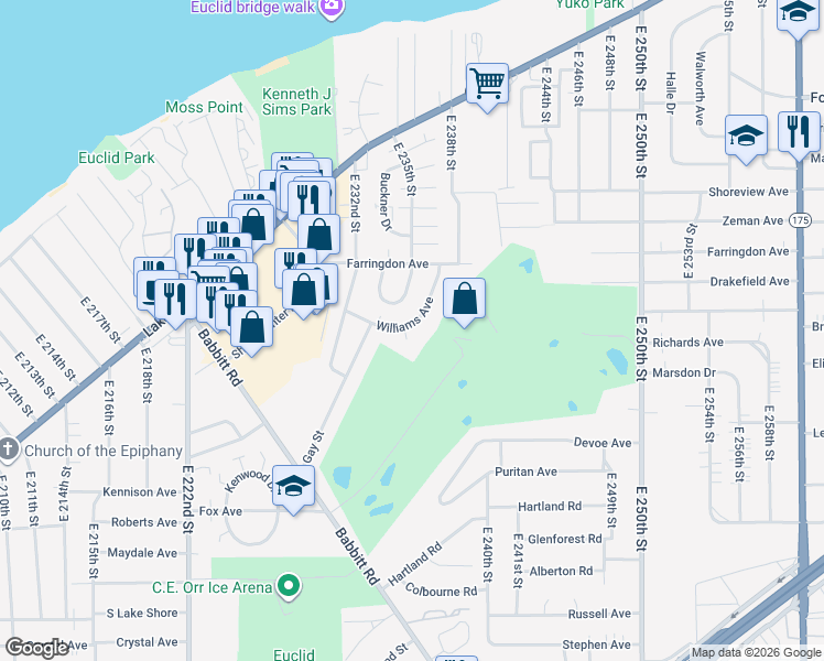 map of restaurants, bars, coffee shops, grocery stores, and more near 23314 Williams Avenue in Euclid