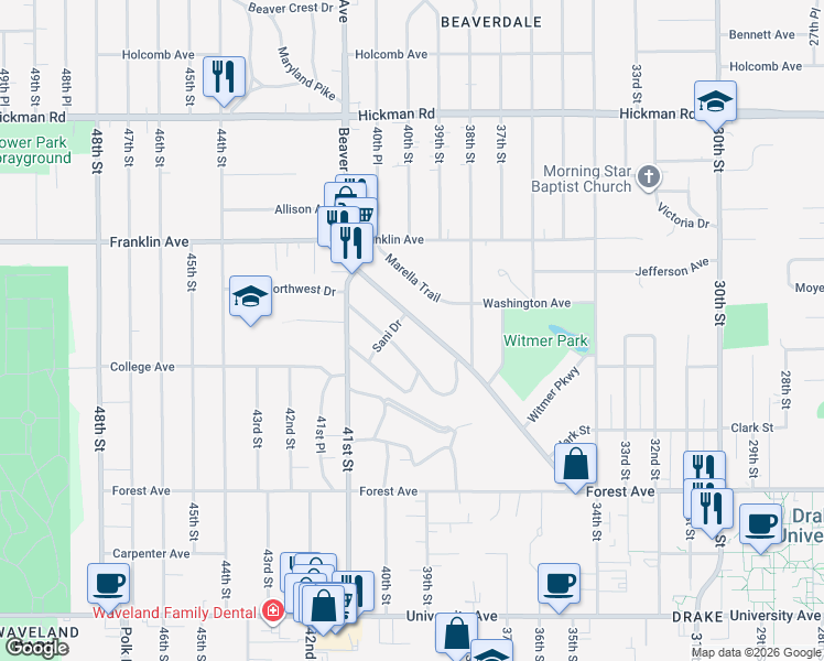 map of restaurants, bars, coffee shops, grocery stores, and more near 1652 Beaver Avenue in Des Moines