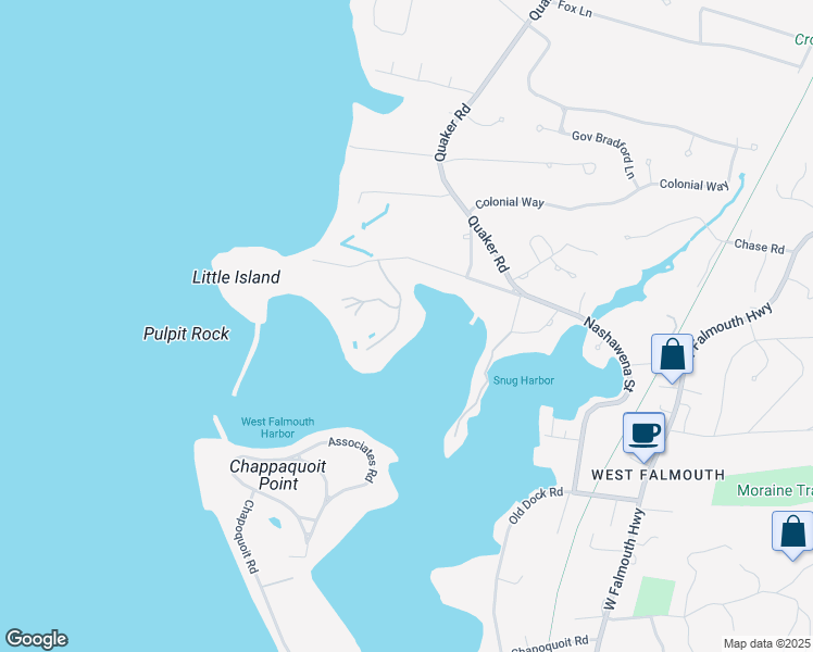 map of restaurants, bars, coffee shops, grocery stores, and more near 10 Greycourt lane in Falmouth