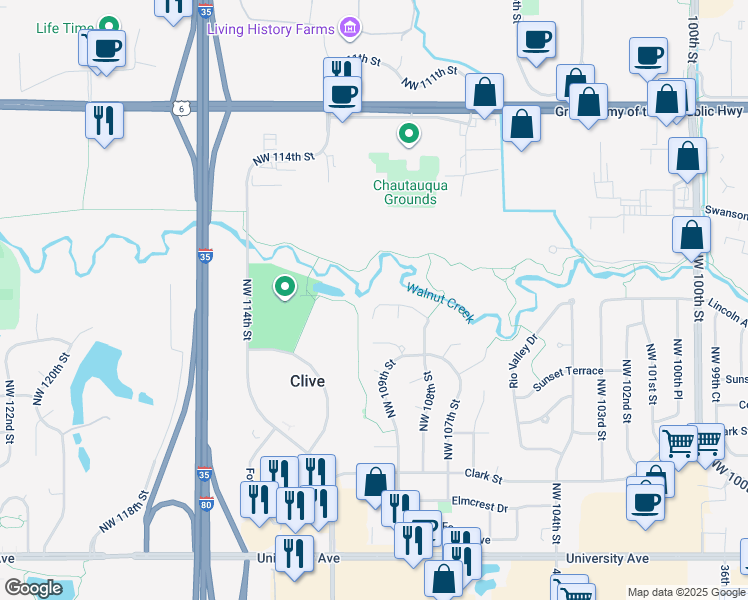 map of restaurants, bars, coffee shops, grocery stores, and more near 10963 Lincoln Avenue in Clive